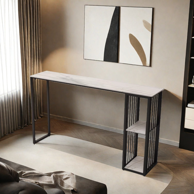 Simple and elegant home bar table, 41.3"H x 62.9"L x 15.7"W, White/Black