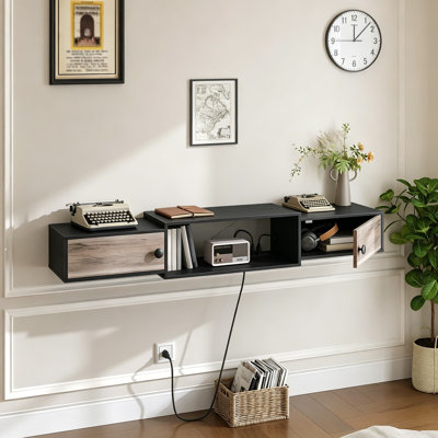 Meuble télé flottant de 55 po avec prises de courant, console multimédia murale avec portes, centre de divertissement moderne pour le salon et la chambre à coucher, grège et noir