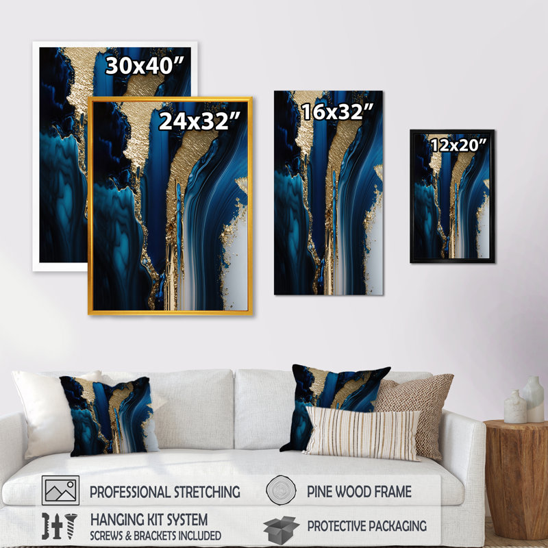 " Abstract Geode Waves Gold II ", Gold Picture Framed Canvas, 16" W x 32" H