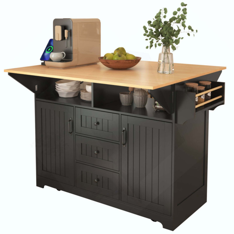 Folding Drop Leaf Kitchen Island Cart with Power Outlet, Rolling Mobile Kitchen Island with Storage Drawers & Lockable 5 Wheels for Kitchen Dining Room