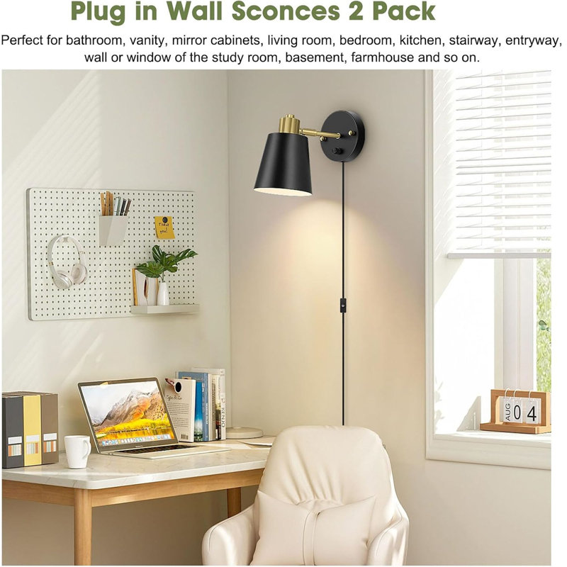 Dimmable Wall Sconces with Plug in Cord and Dimmer On/Off Knob Switch (Set of 2)