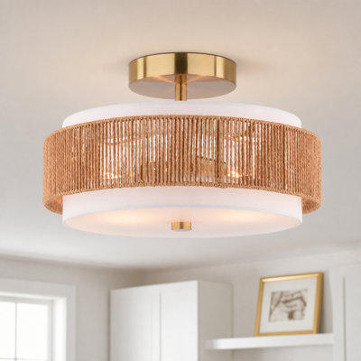 Luminaire à 2 lumières de 16 po Abbotsford Large plafonnier semi-encastré Mid-Century avec tambour en lin blanc et en rotin, se convertit en luminaire suspendu