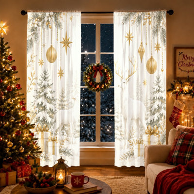 2Pcs Winter Forest Deer Print Curtains Light Filtering Window Drapes for Living Room Bedroom Kitchen Holiday Home Decor