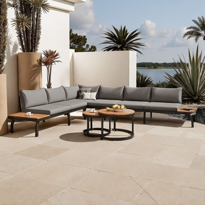 6-Piece Outdoor Sectional Sofa Set with Round Nesting Coffee Tables, Acacia Wood & Steel Frame, Water-Resistant Cushions for Patio, Porch or Garden
