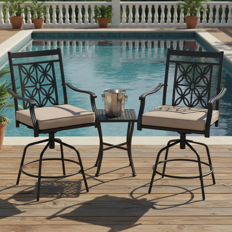 Ensemble de 2 tabourets de bar pivotants pour patio, chaises de bar à hauteur de comptoir d'extérieur avec coussins de siège, dossier haut et accoudoirs robustes, structure en métal robuste