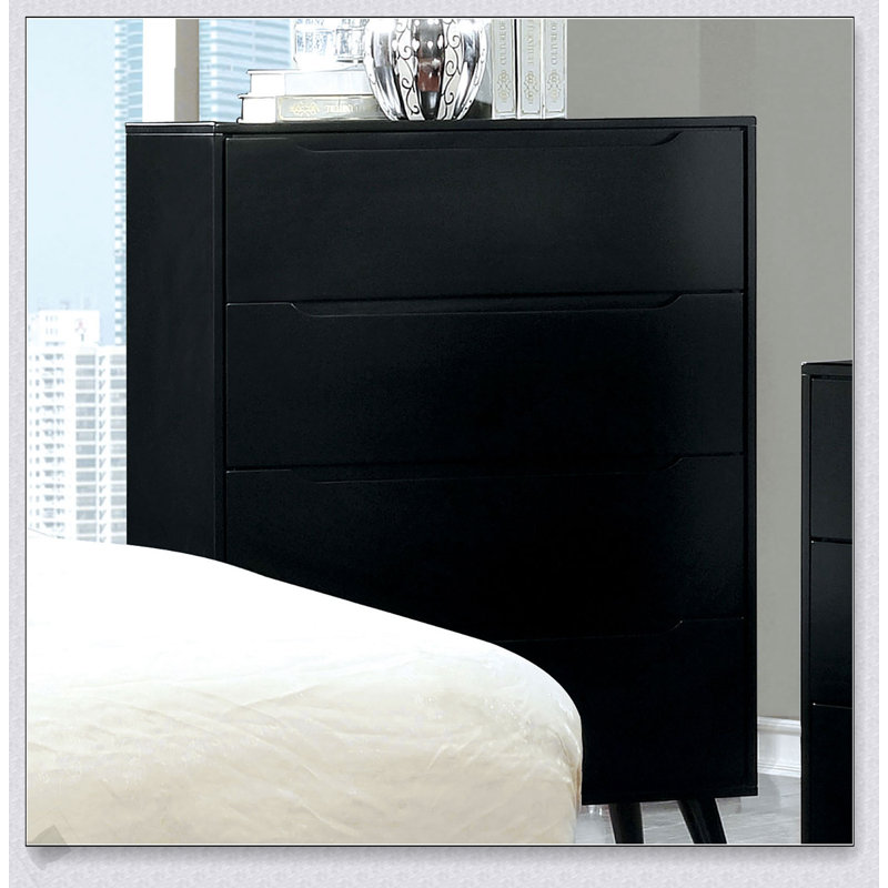 Commode 4 tiroirs Mid-Century moderne noire avec poignées encastrées et pieds ronds effilés, parfaite pour le rangement contemporain