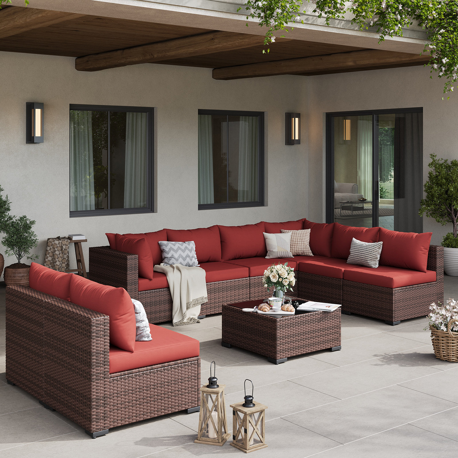 Ebern Designs 9 Piece Rattan Sectional Seating Group with Cushions & Reviews | Wayfair