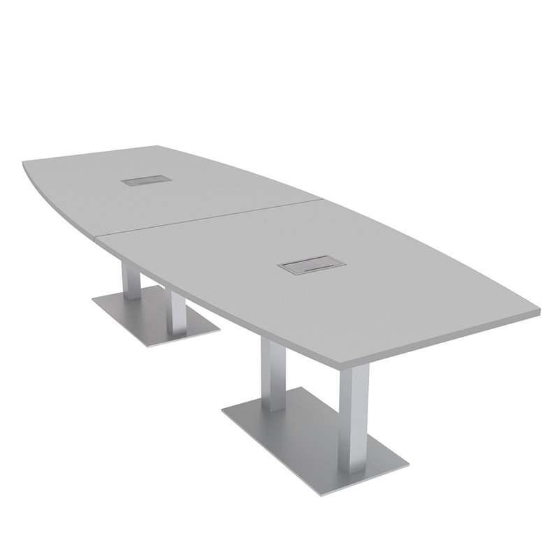 Table de conférence en forme de bateau avec base en métal double | Unité électrique, L 144 po x l 48 po, Brouillard gris