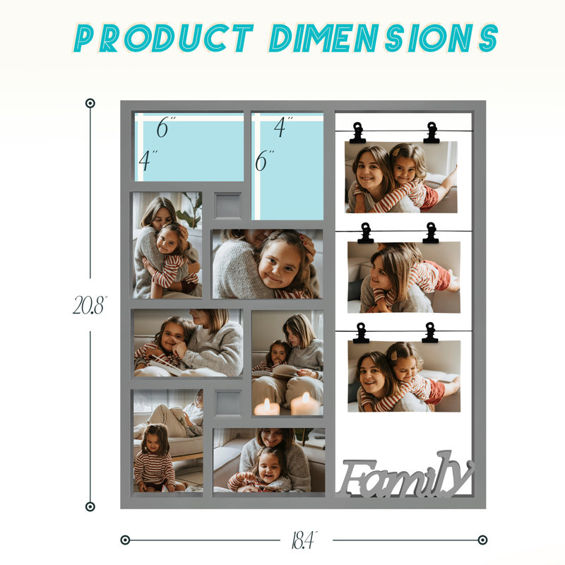 Lot de 2 cadres photo gris pour collage familial avec clip de suspension, Gris