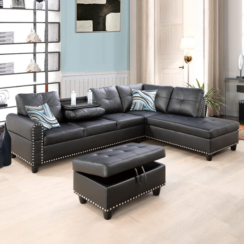 3-piece Synthetic Leather Sectional Sofa, Black Faux Leather