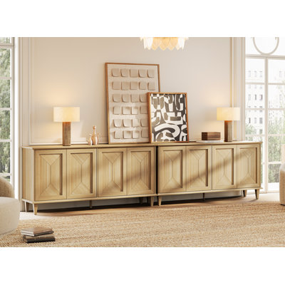Modern 8-Door Accent Cabinet, Handmade Geometric Pattern Console With Tapered Legs, 2-In-1 Farmhouse Storage Buffect For Living Room Entryway Display,