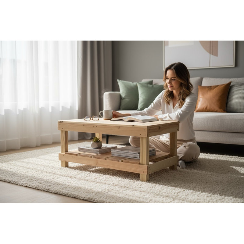 Table basse de salon en bois rustique avec tablette Farmhouse, Brun