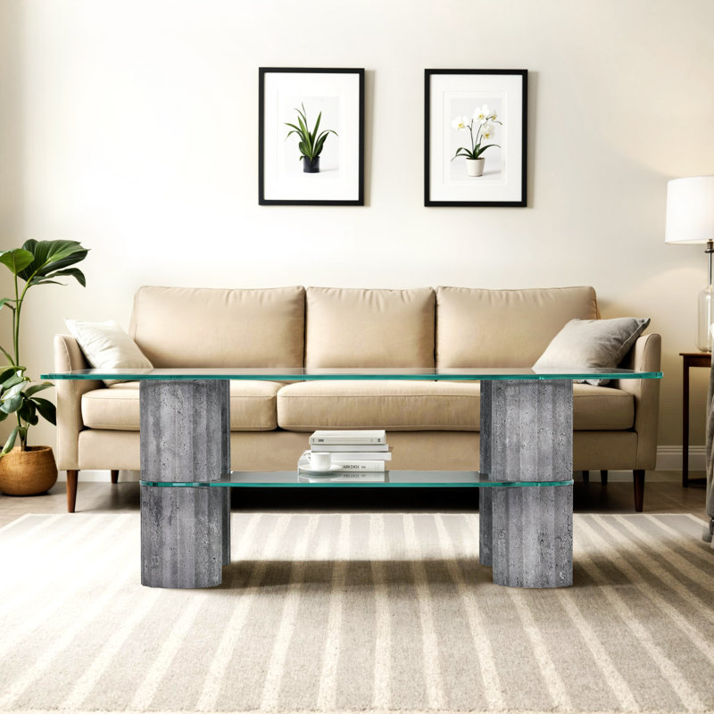 44"W×24"D Rectangular Coffee Table with Tempered Glass Top, Roma Stylish Legs, Gray