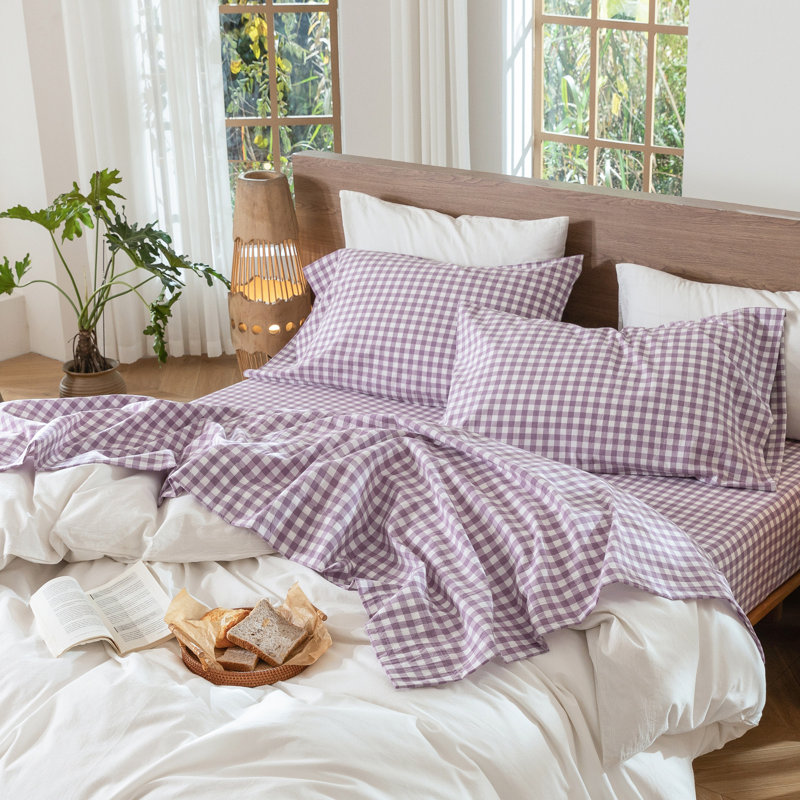 Ensemble de draps 100% coton lavé MooMee, Ensemble de draps pour grand lit avec 2 taies d'or, Mauve clair