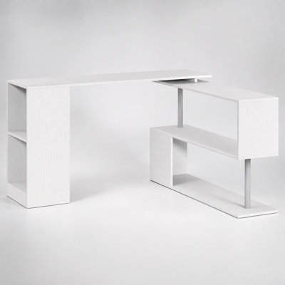 360° Rotating Corner Computer Desk with 3-Tier Storage, Modern L-Shaped Home Office Workstation for Space Efficiency