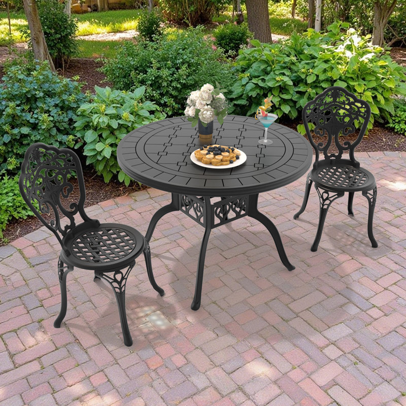 3-Piece Round Table Outdoor Cast Aluminum Dining Set, Compact Size Chair (Seat Width:15.35")，A Patio and Terrace Essential