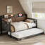 Twin Daybed with Pop Up Trundle, Storage Headboard and Charging Station, Strong Support, Walnut-384022600