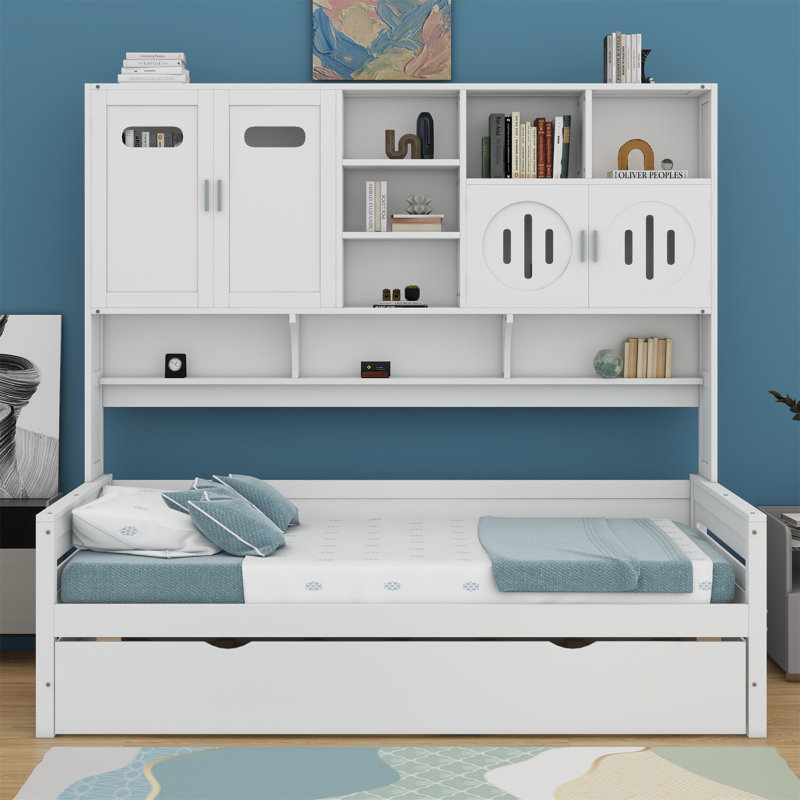Wooden Daybed With Trundle,All-In-One Cabinet And Shelf, White, Twin