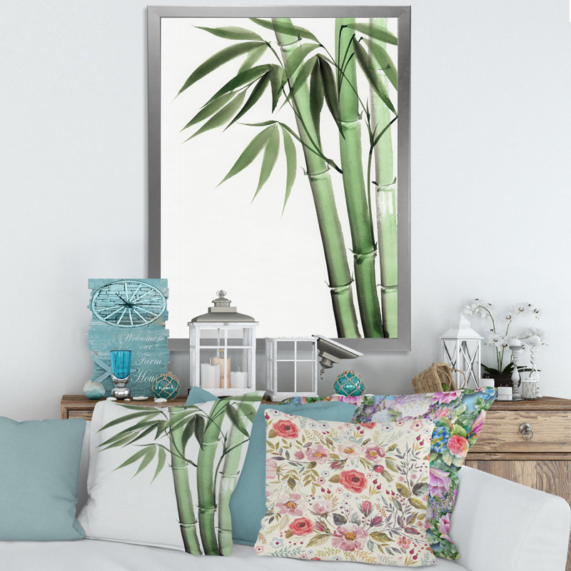 Palmier en bambou, détail II - peinture sur toile, H 32 po x l 16 po x P 1 po, Encadrement argenté