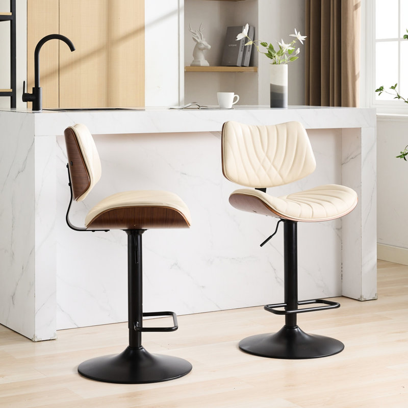 Tabourets de bar en cuir noir, base en noyer, pivotant à 360 °, hauteur réglable, ergonomique, style Mid-Century moderne pour îlot de cuisine / café, tabouret beige avec faux-revêtement, cuisine / salle à manger / café,