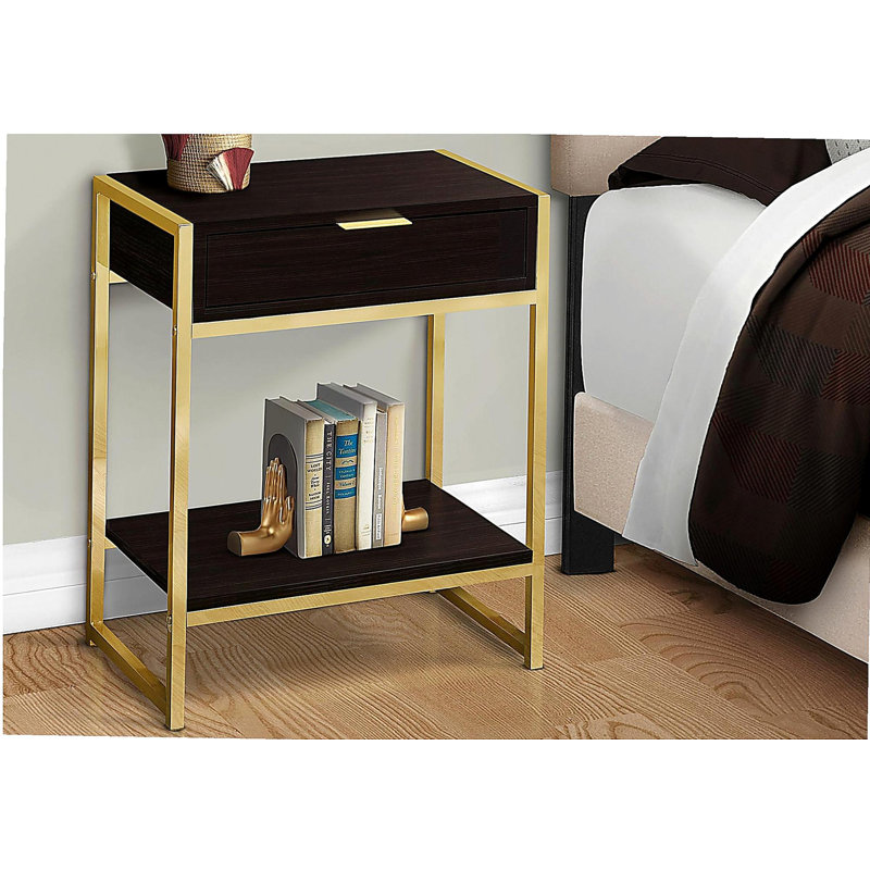 Table d'appoint, côté, bout, table de chevet, lampe, tiroir de rangement, salon, chambre à coucher, stratifié brun, métal doré, contemporain, moderne
