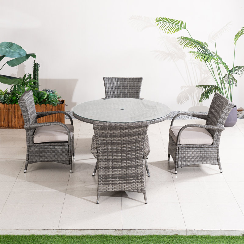 Ensemble repas pour 4 personnes en osier avec table ronde, coussins inclus, Gris