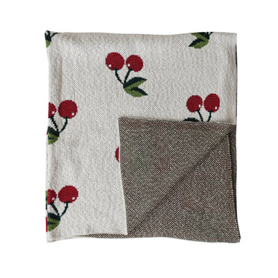 Cotton Knit Throw Blanket With Cherry Motif