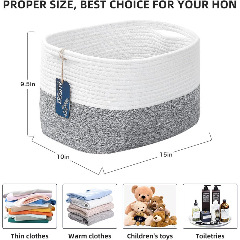 1 Pack Rope Baskets For Storage Basket, Cotton Rope Woven Basket With Handles. Blanket Basket For Storing Clothes, Toys, Books, Shelves Etc, 15''L X 10''W X 9.5''H
