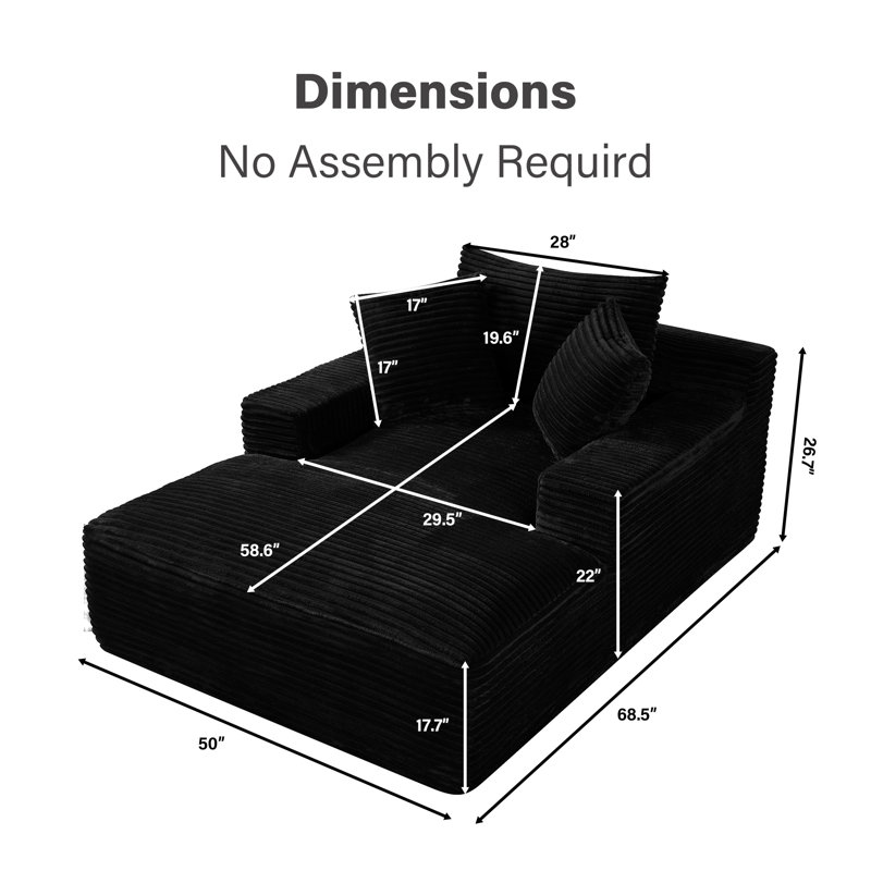 50'' Faux Fur Compression Bean Bag Chair Oversized Chaise Lounge Chair with Pillows, Black Faux Fur