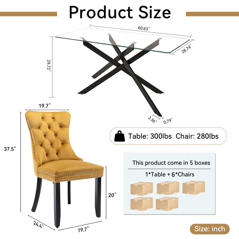 7 Piece Glass Dining Table Set for 6, Modern 60" Glass Kitchen Table with Metal Leg, Tufted Velvet Upholstered Dining Chair, Rectangle Dining Table and Chairs Set for Kitchen