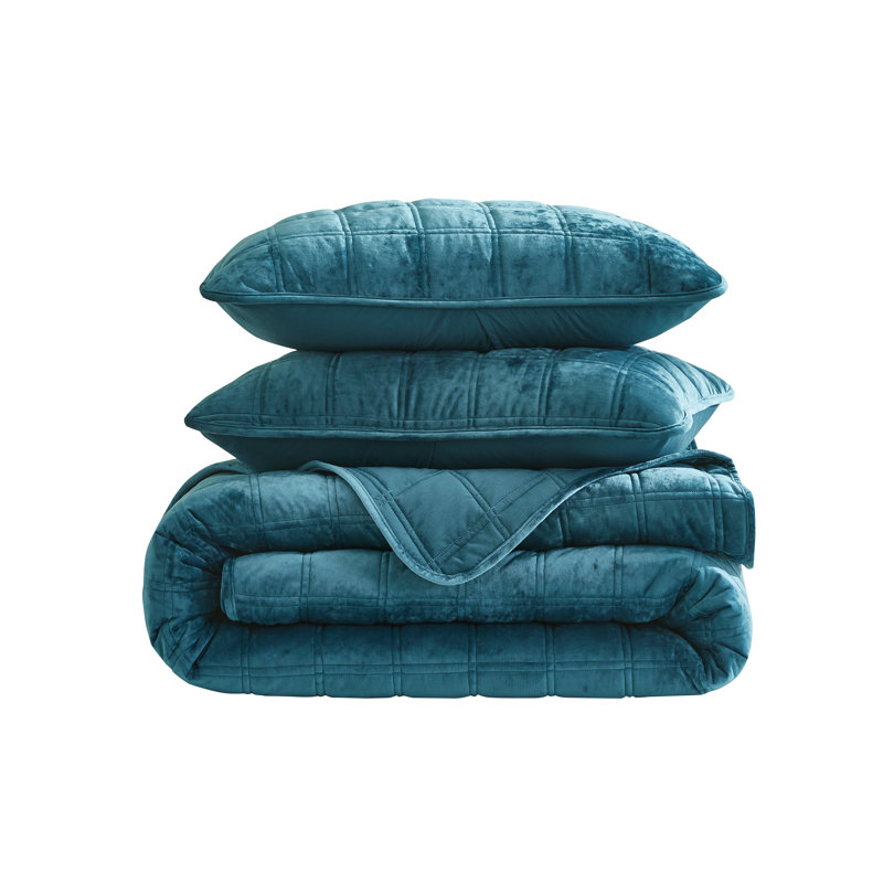 Velvet Quilt Set, Queen Quilt + 2 Standard Shams, Teal