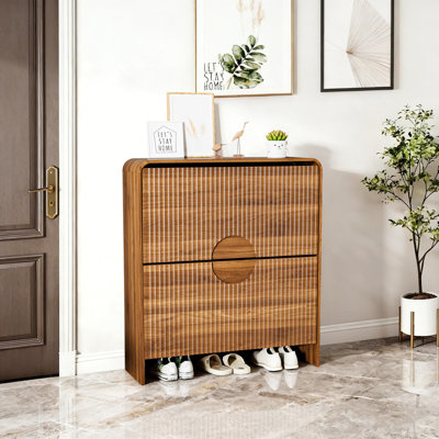Narrow Fluted Shoe Cabinet For Entryway, Slim Shoe Storage Cabinet With 2 Flip Drawers