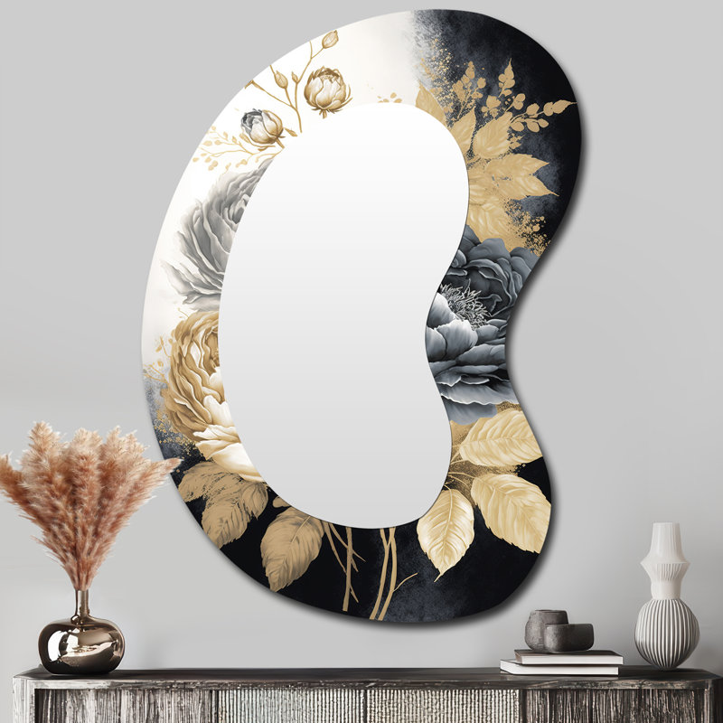 Bouquet de roses blanches, dorées et noires II - formes asymétriques de roses - grand miroir mural traditionnel