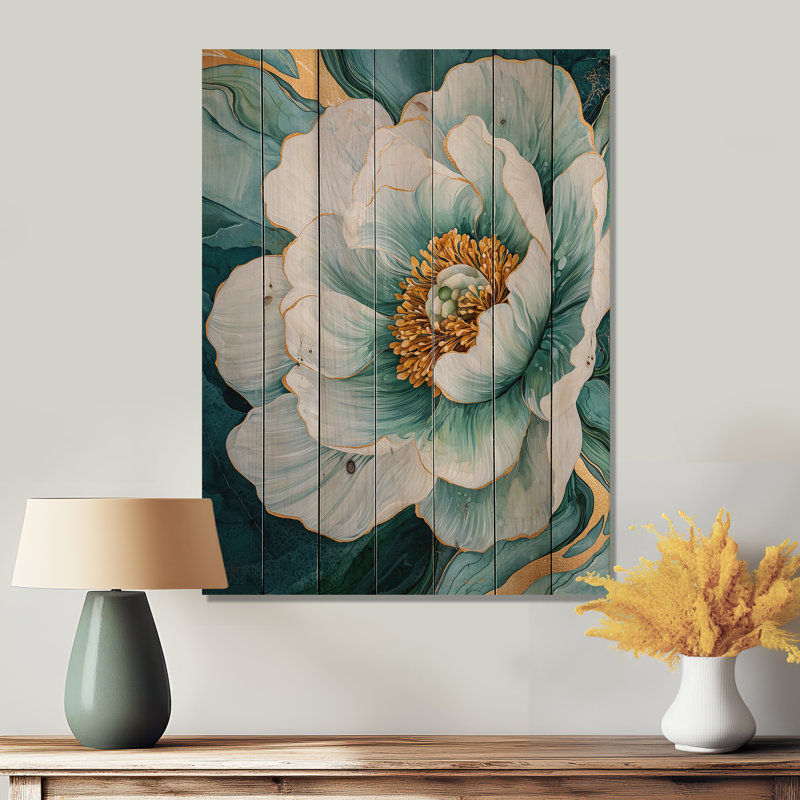 Radiant Symphony Of Peony On Emerald I - impression de bois vert moderne sur bois de pin naturel, H 20 po x l 10 po