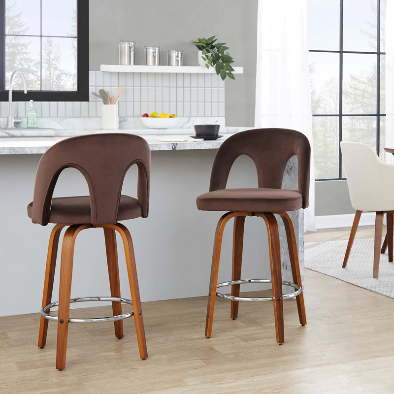 Ensemble de tabouret de bar pivotant contemporain avec revêtement en velours et repose-pieds, Noyer ; chrome