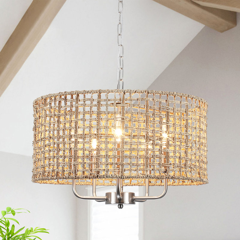Luminaire suspendu bohème en rotin naturel à 5 lumières Ekkehard, Nickel