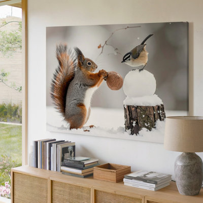 «Snowball Encounter», écureuil fantaisiste et oiseau, scène hivernale sur toile, prête à être accrochée à la galerie, décoration de qualité supérieure