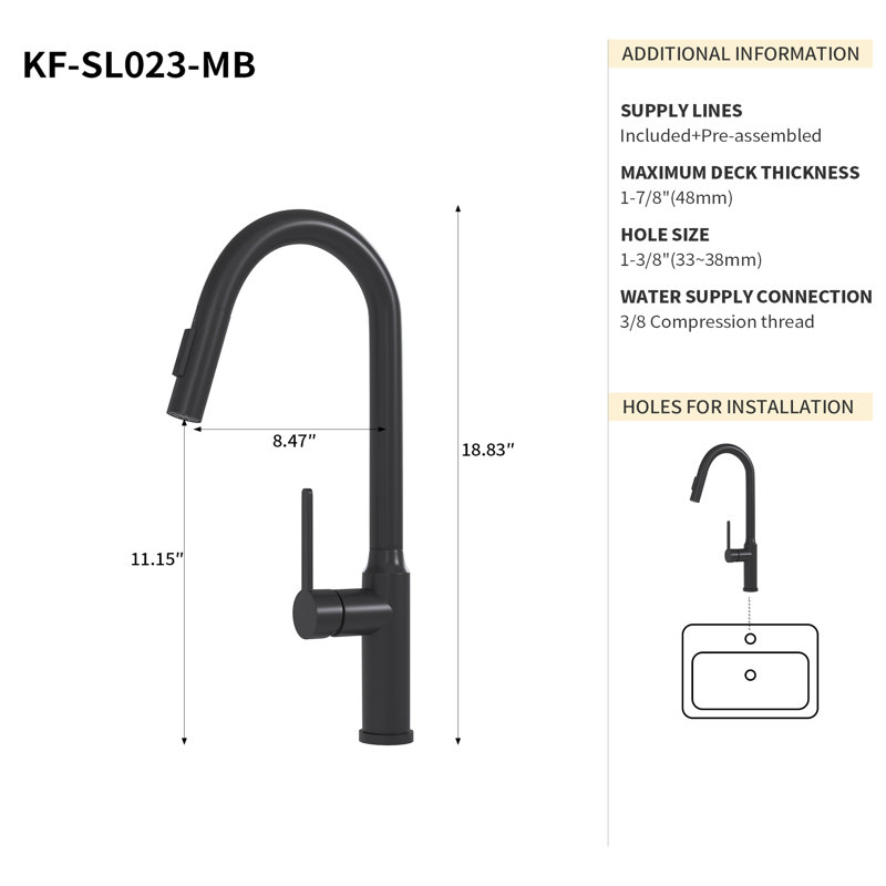 Robinet de cuisine rétractable 19,19 po noir mat avec base en ABS, Black