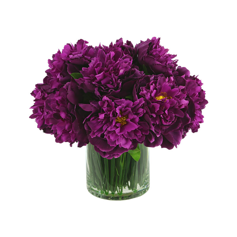Peony Arrangement in Glass Vase with Grass, Purple