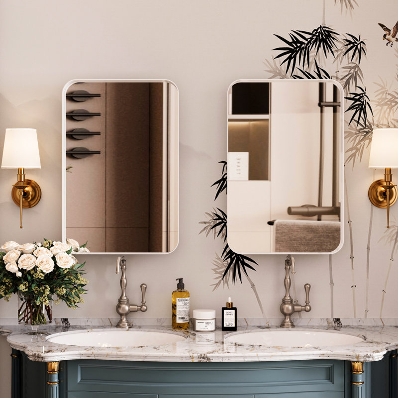 Armoire de salle de bain encastrée avec miroir - 16 po x 24 po, structure en métal blanc, tablettes de rangement encadrées réglables