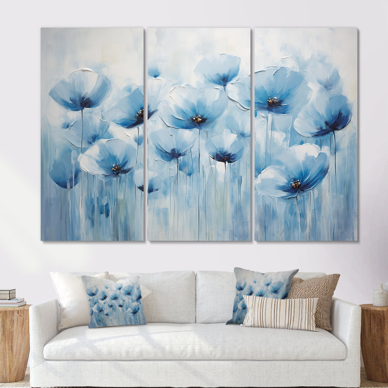 Cerulean Calm Poppy Dreams I - Ensemble de décorations murales coquelicots, H 28 po x l 36 po x P 1 po, Toile tendue