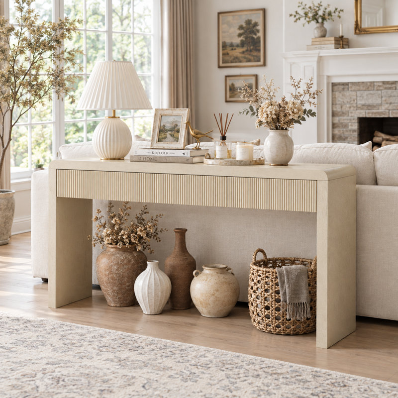Console de 134 cm (52,9 po) avec 3 tiroirs cannelés, style rustique, avec bords arrondis et pieds réglables, idéale pour le salon ou le corridor, couleur blanc cassé.
