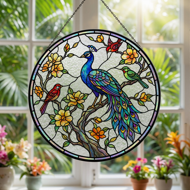 Panneau de vitrail à motif floral paon H 12 po, H 12 po x l 12 po