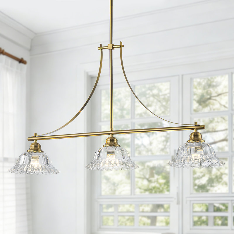 Lustre linéaire en verre 3 lumières avec abat-jour d'inspiration florale, Doré