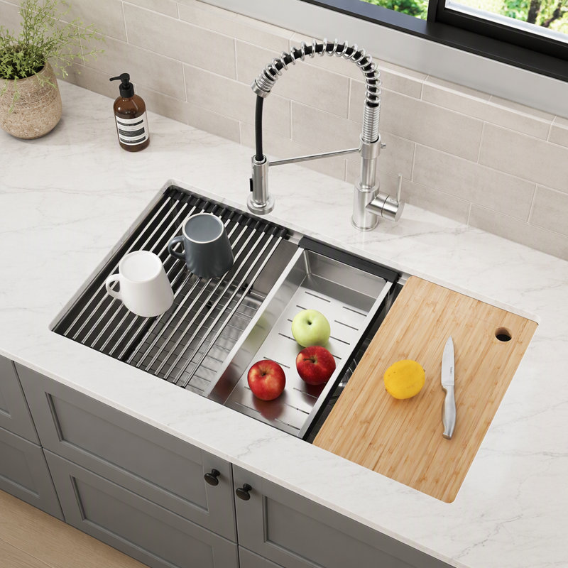 Multifunctional Handmade Stainless Steel Undermount Workstation Kitchen Sink with Waterfall Faucet and Noise Reduction