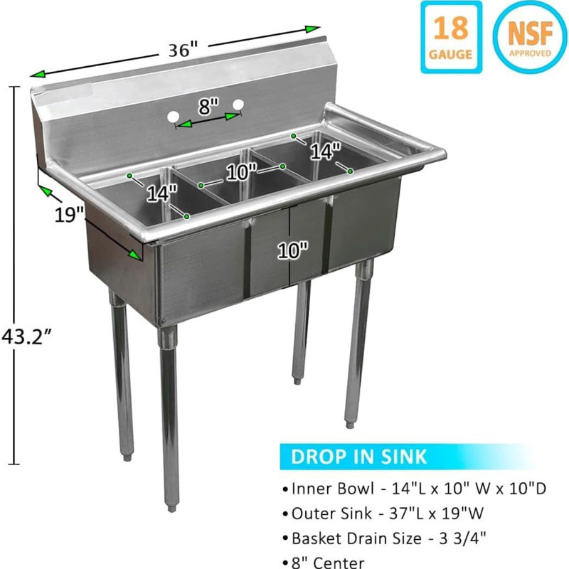 Stainless Steel 44" H x 36" W x19" D 3-Compartment of 10" x 14" Commercial Utility Sink with Faucet by Express KitchQuip
