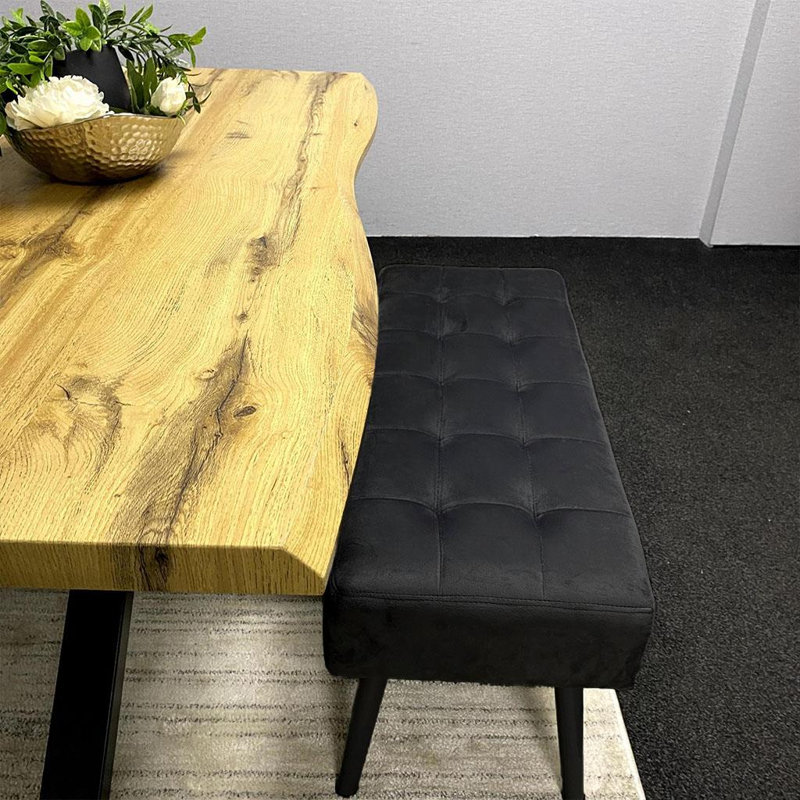 Wood Dining Set with Tufted Velvet Chairs & Black Velvet Bench, 75"H x 117"L x 77"W