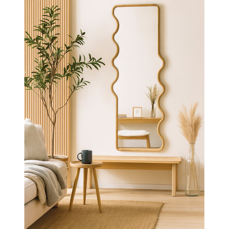 Natural Wood Color Curvy, Wavy Edged Full Length Wood Mirror-24" x 67"