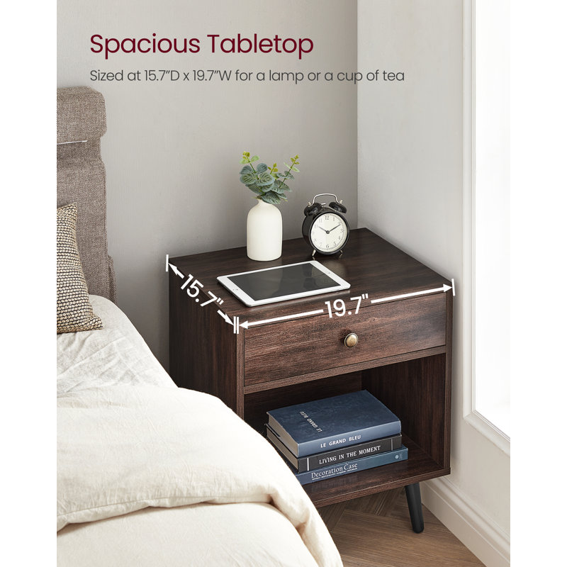 Vansant 1 - Drawer Nightstand with Drawer and Open Compartment, Solid Wood Legs, Coffee Brown