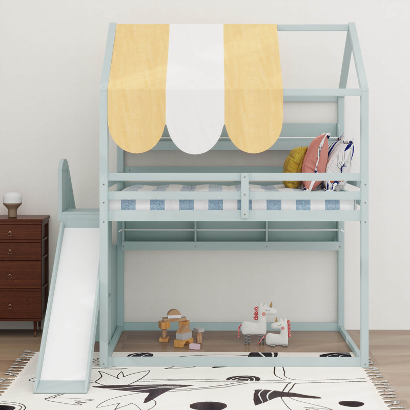 Full Size House Loft Bed With Slide, Wooden House Bed Frame With Canopy & Storage Shelves, Light Green